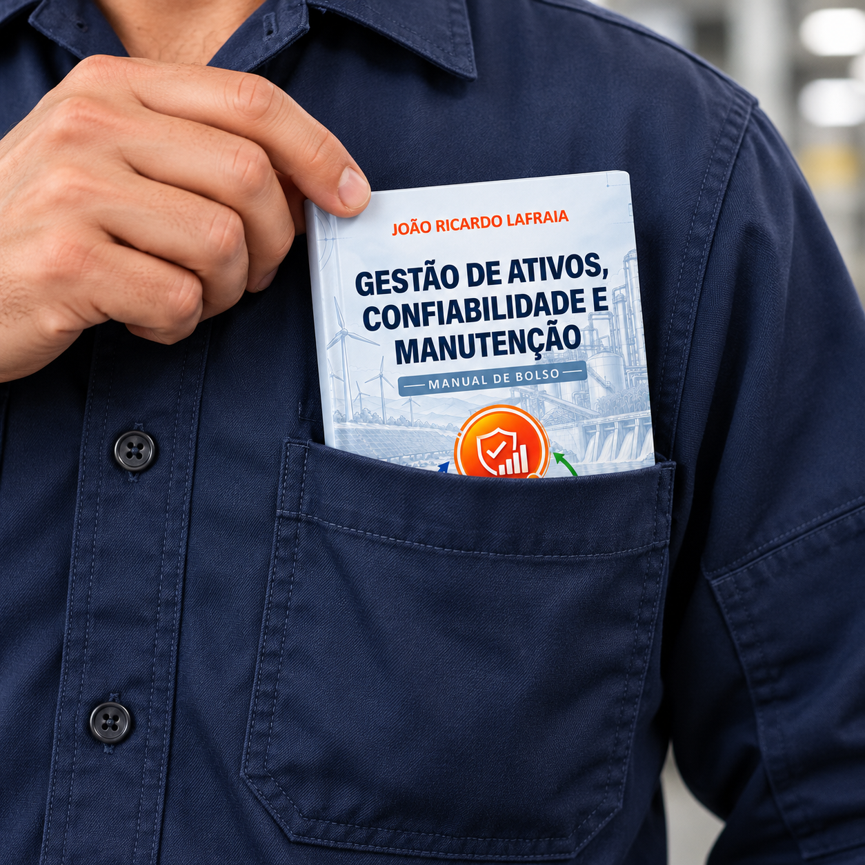 Manual de Bolso de Gestão de Ativos, Confiabilidade e Manutenção no bolso de um uniforme.