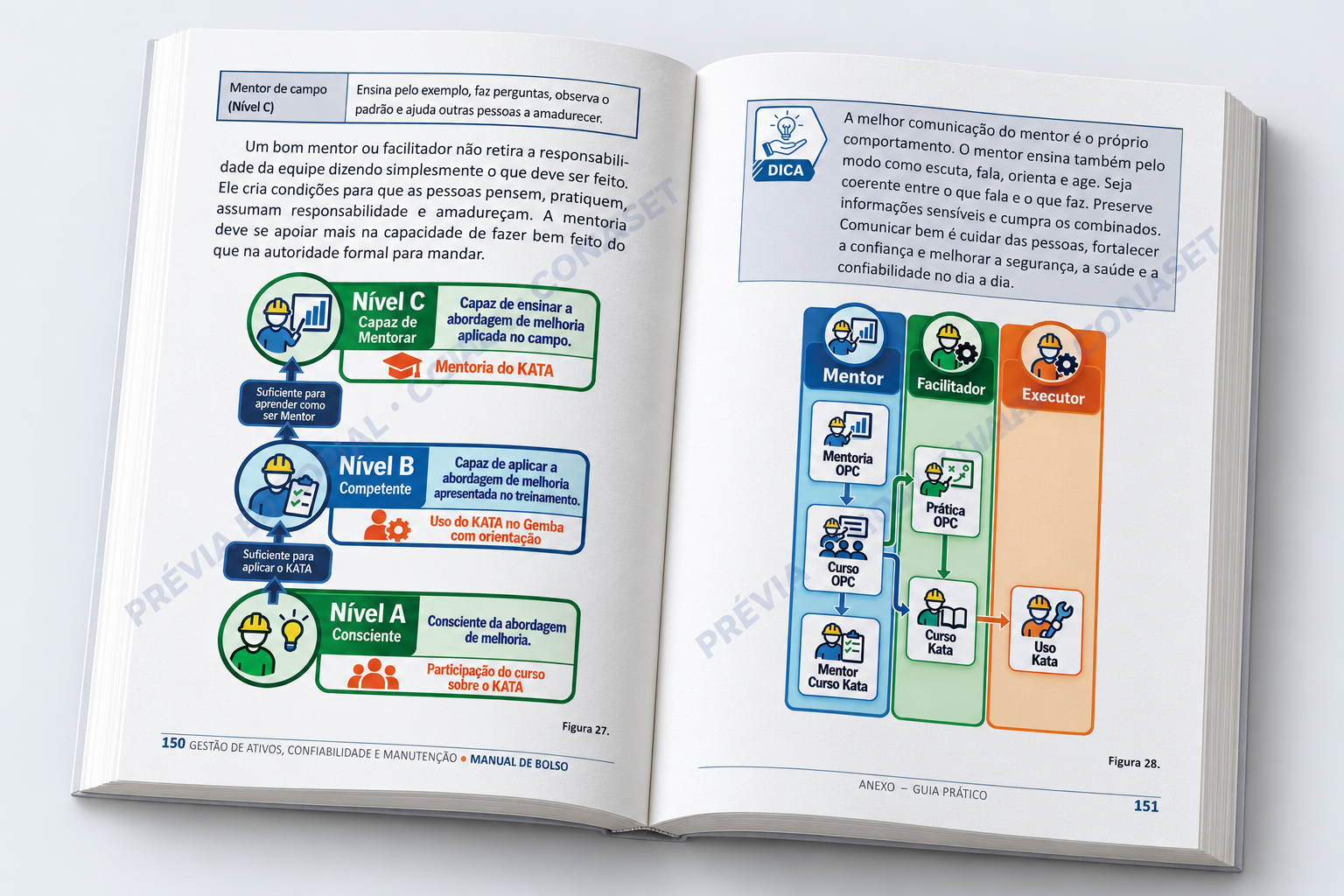 Livro aberto nas páginas sobre competências e os papéis de mentor, facilitador e executor.
